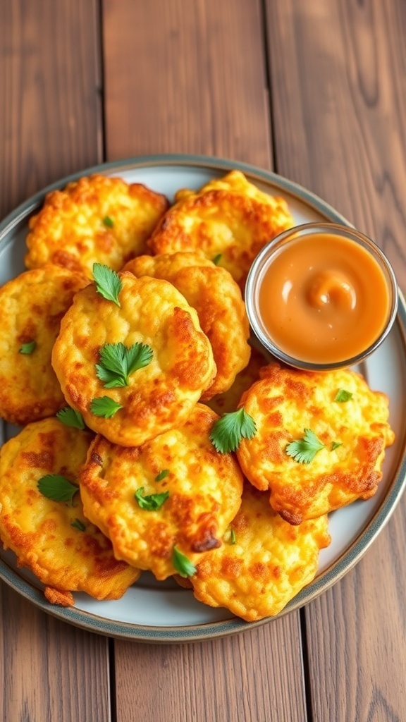 Crispy corn fritters served with a dipping sauce on a rustic wooden table.